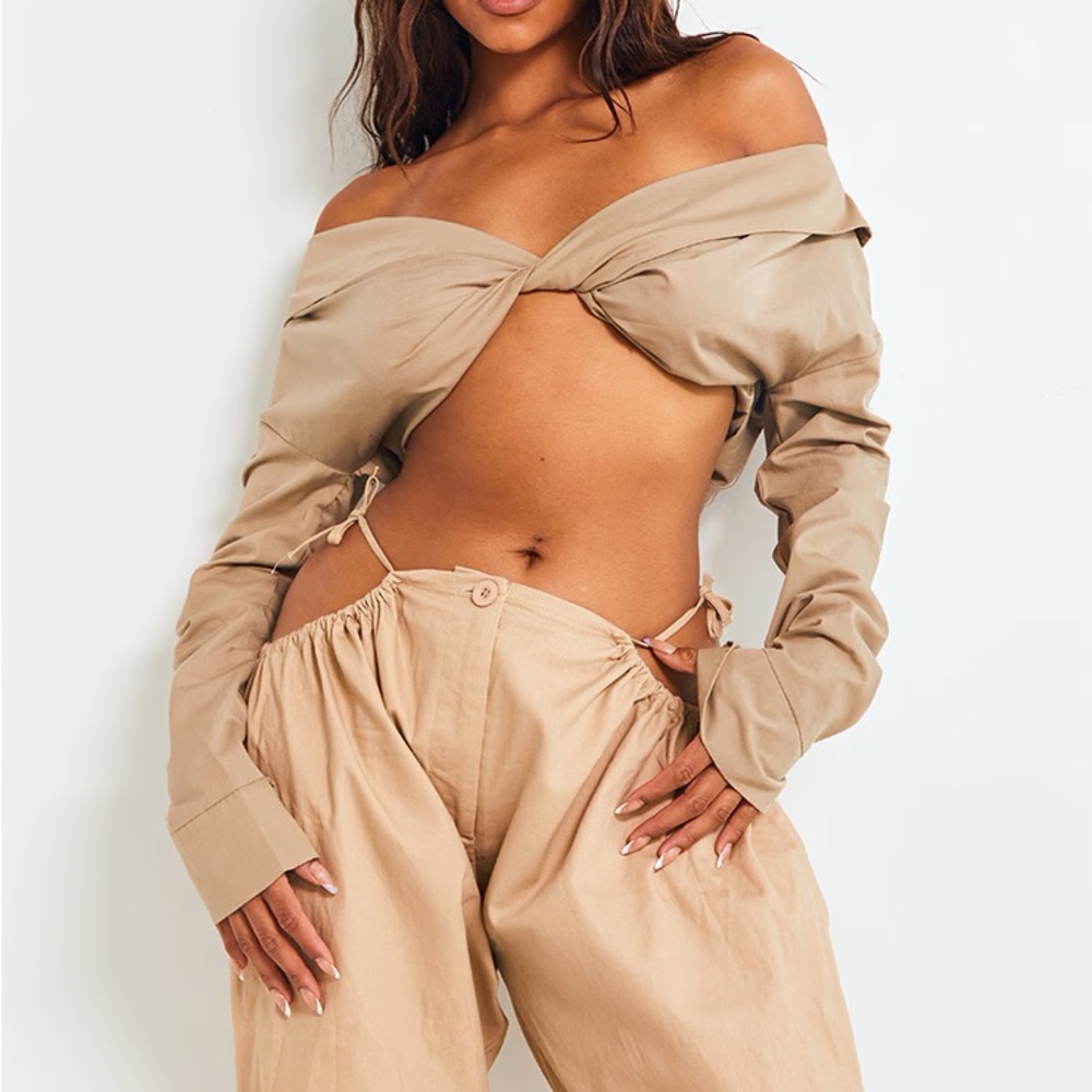 PrettyLittleThing Stone Poplin Bardot Crop Blouse